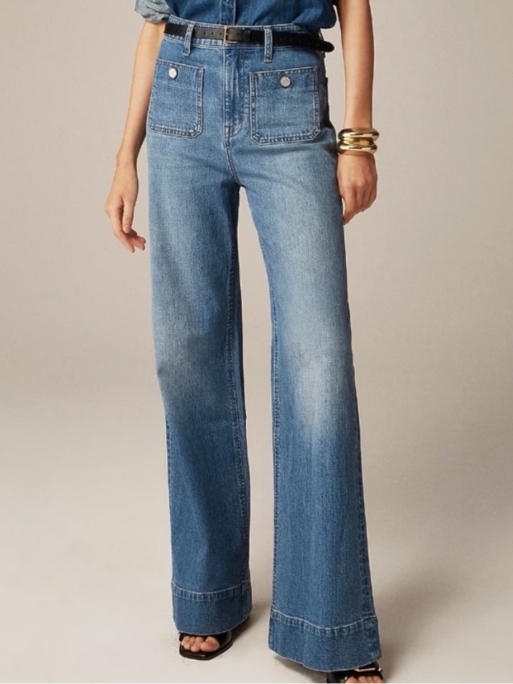 J.CREW • Sailor Wide Leg Trousers Gold Buttons Patch Pockets Jeans - High Rise - Picture 12 of 16